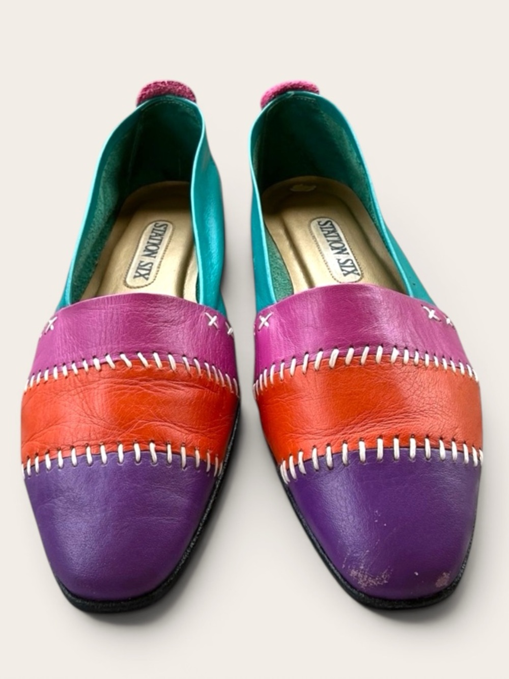 Vintage 90s Colorblock Leather Loafers Size 7.5 Bold Retro Statement